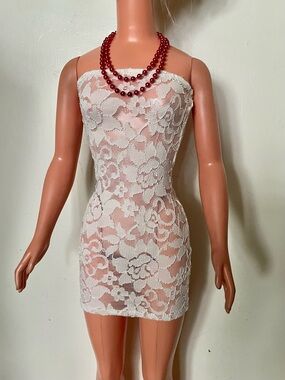 Cream Lace Mini Dress & Red Bead Necklace for My Size Barbie Doll 36". New